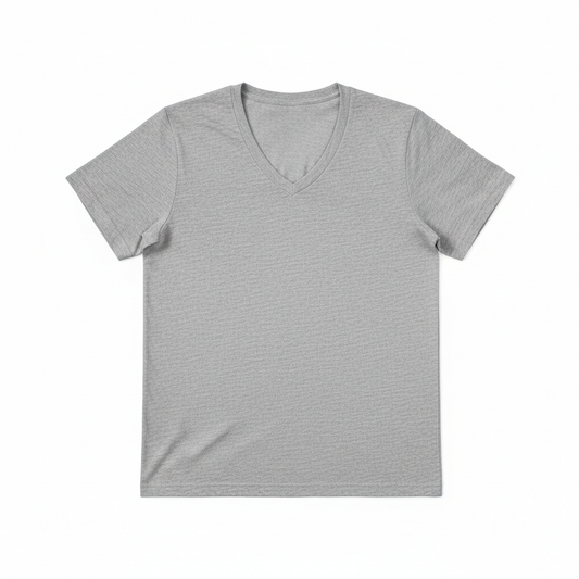 Heather gray v-neck t-shirt flat lay