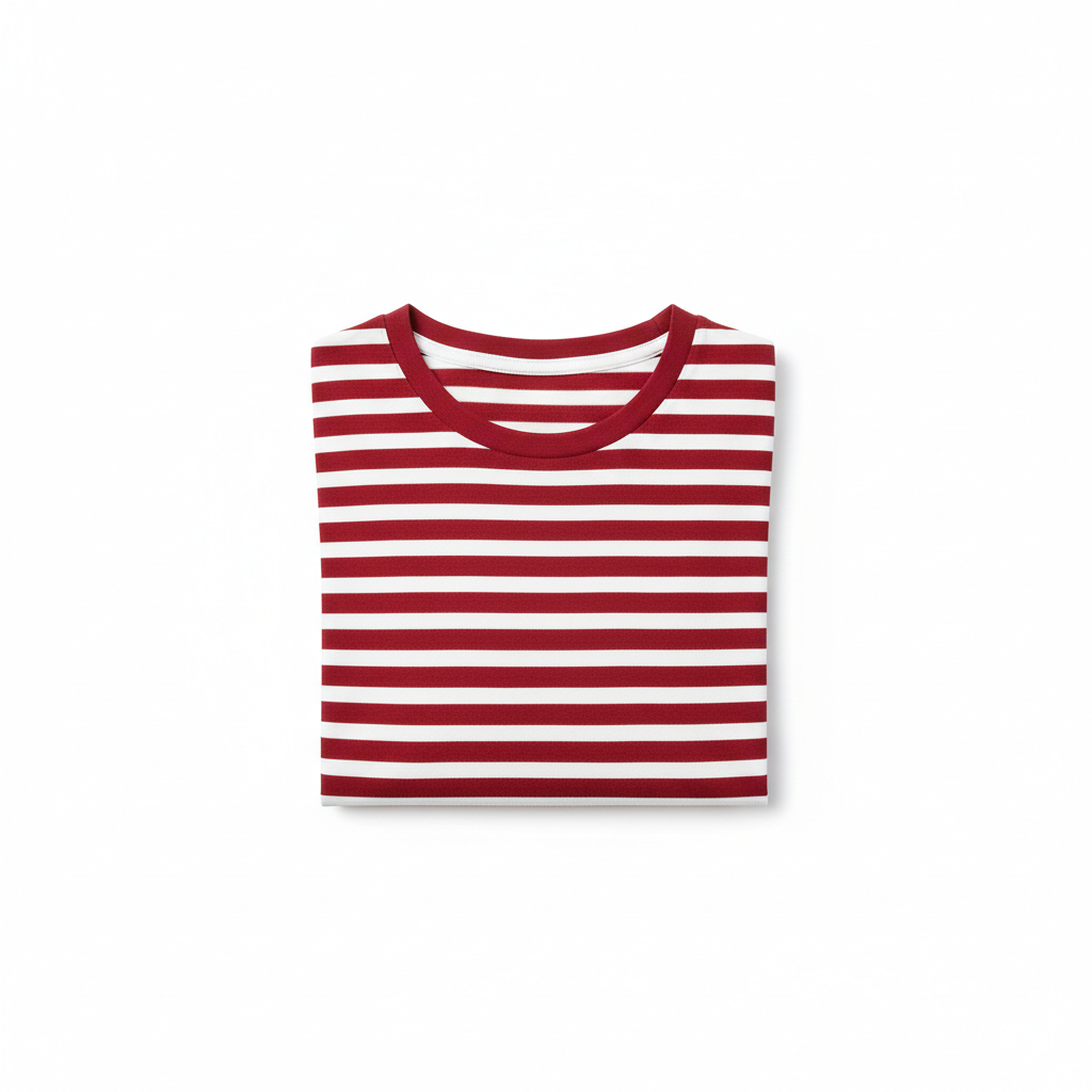 Red striped t-shirt flat lay
